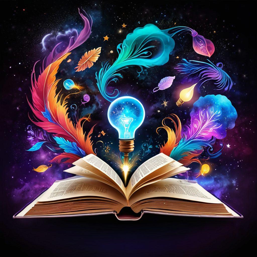 A mystical key unlocking a glowing, open book amidst a vibrant, swirling galaxy of ideas and story elements. Include illustrations of storytelling symbols like quills, ink pots, and light bulbs floating around. The background should suggest a digital landscape with floating comments and social media icons. Make it captivating and inspiring. super-realistic. vibrant colors. cosmic theme.