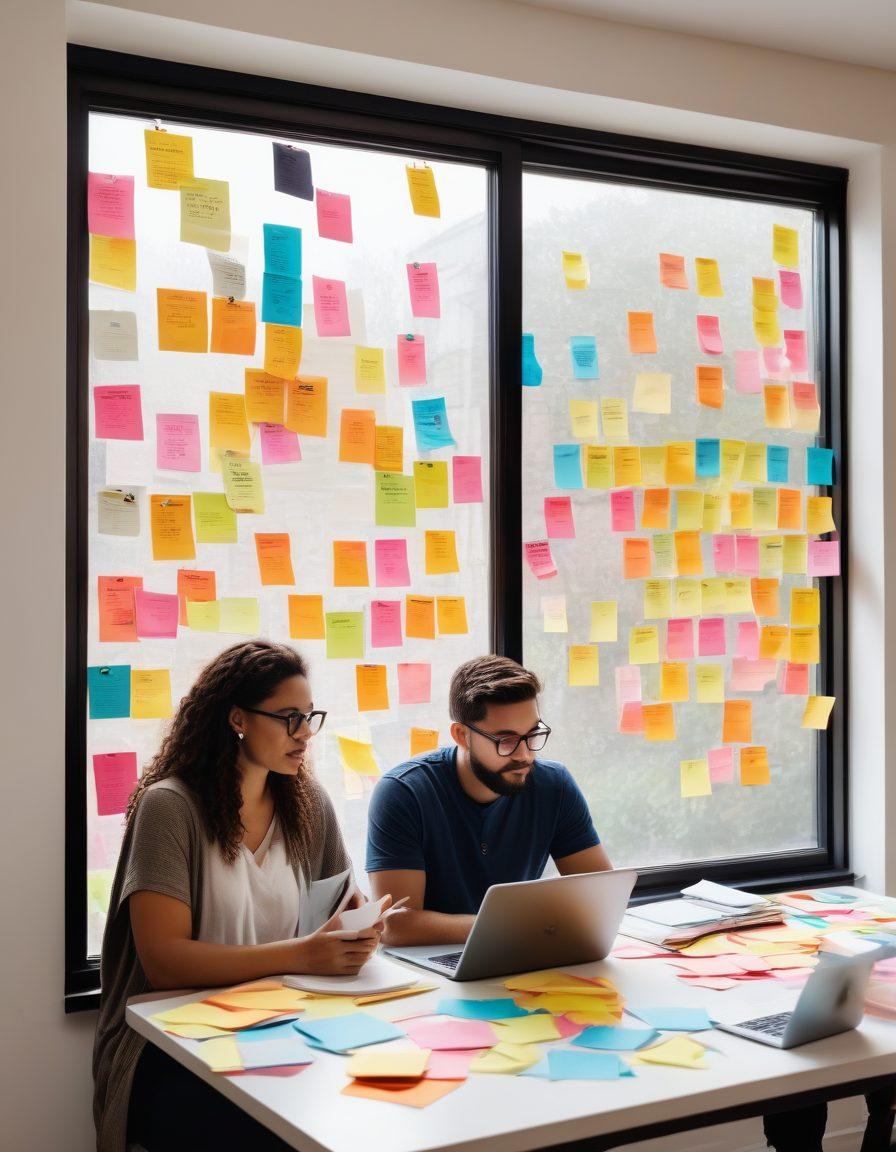 A vibrant scene depicting a diverse group of writers brainstorming together, surrounded by colorful sticky notes and a large whiteboard filled with story ideas. Each writer is engaged, using laptops and tablets, with coffee cups scattered around. The backdrop features inspiring quotes on storytelling and a window showing a bright and sunny day outside. Emphasize creativity and collaboration. super-realistic. vibrant colors. white background.